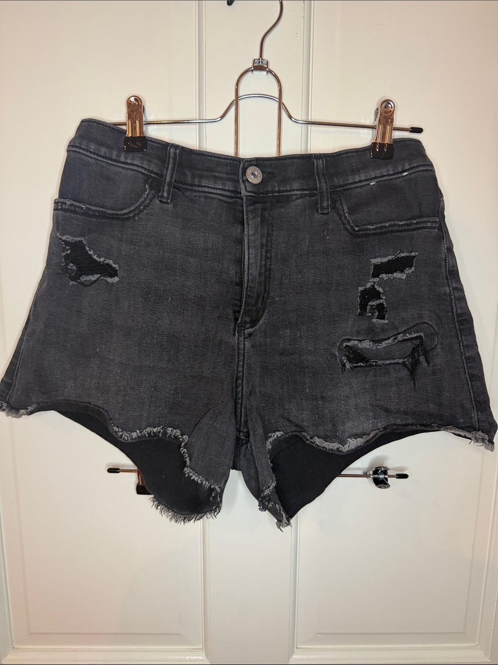 abercrombie kids High Rise Distressed Black Denim Shorts